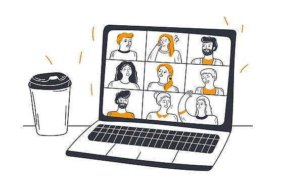 Die Illustration zeigt einen stilisierten Laptop auf einem Tisch, neben dem sich ein Coffee-to-go-Becher mit Deckel befindet. Auf dem Bildschirm des Laptops ist ein virtuelles Meeting mit neun Teilnehmenden zu sehen, angeordnet in einem 3x3-Raster. Die Personen sind gezeichnet und zeigen unterschiedliche Gesichtsausdrücke, wie z. B. Müdigkeit, Verwirrung, Gähnen oder Nachdenklichkeit. Einige heben die Hand, andere blicken ausdruckslos oder fragend. Die Darstellung ist in einem klaren, kontrastreichen Stil gehalten, überwiegend in Schwarz-Weiß mit gezielten Akzenten in Orange, zum Beispiel bei Haaren, Kleidung oder Gesichtszügen. Der Hintergrund ist weiß und schlicht gehalten, wodurch die Bildinhalte im Vordergrund stehen.  Die Illustration vermittelt eine Szene aus dem digitalen Studien- oder Arbeitsalltag, in der sich die Teilnehmenden möglicherweise überfordert, gelangweilt oder unkonzentriert fühlen – ein Hinweis auf typische Herausforderungen in Online-Seminaren oder digitalen Lernformaten.